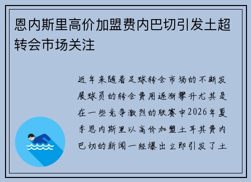 恩内斯里高价加盟费内巴切引发土超转会市场关注 恩内斯里高价加盟费内巴切引发土超转会市场关注